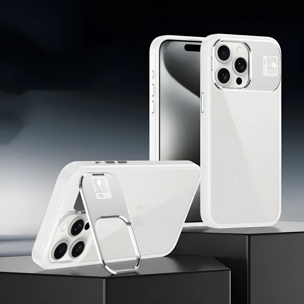 Acrylic phone case with stand and explosion-proof protection for iPhone 13 to 15 series in six colours.