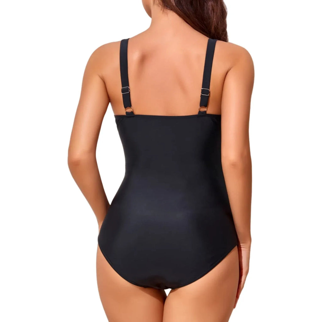 Women's solid colour deep V-neck cross-over backless one-piece swimsuit