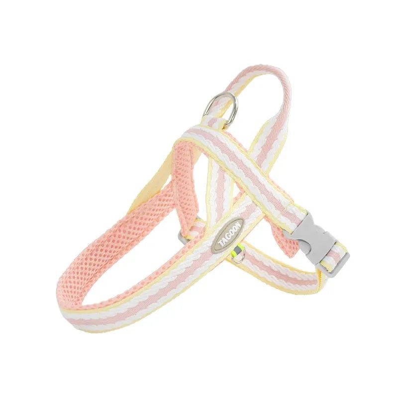 Lightweight dog harness and 1.4-metre walking rope set in various colours on a size chart