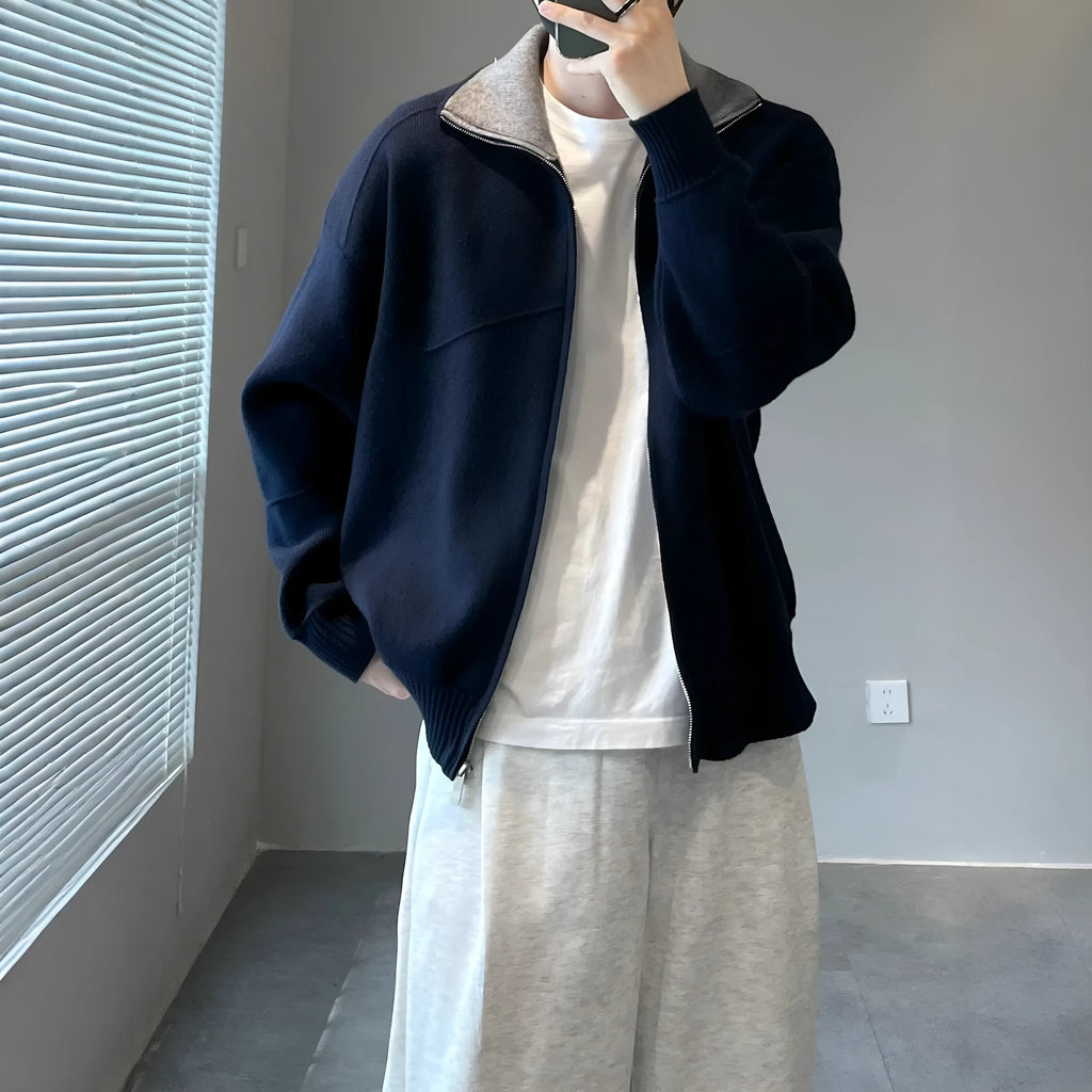 Barne style contrast colour knitted cardigan for men in apricot, long sleeves, loose fit, retro cardigan sweater