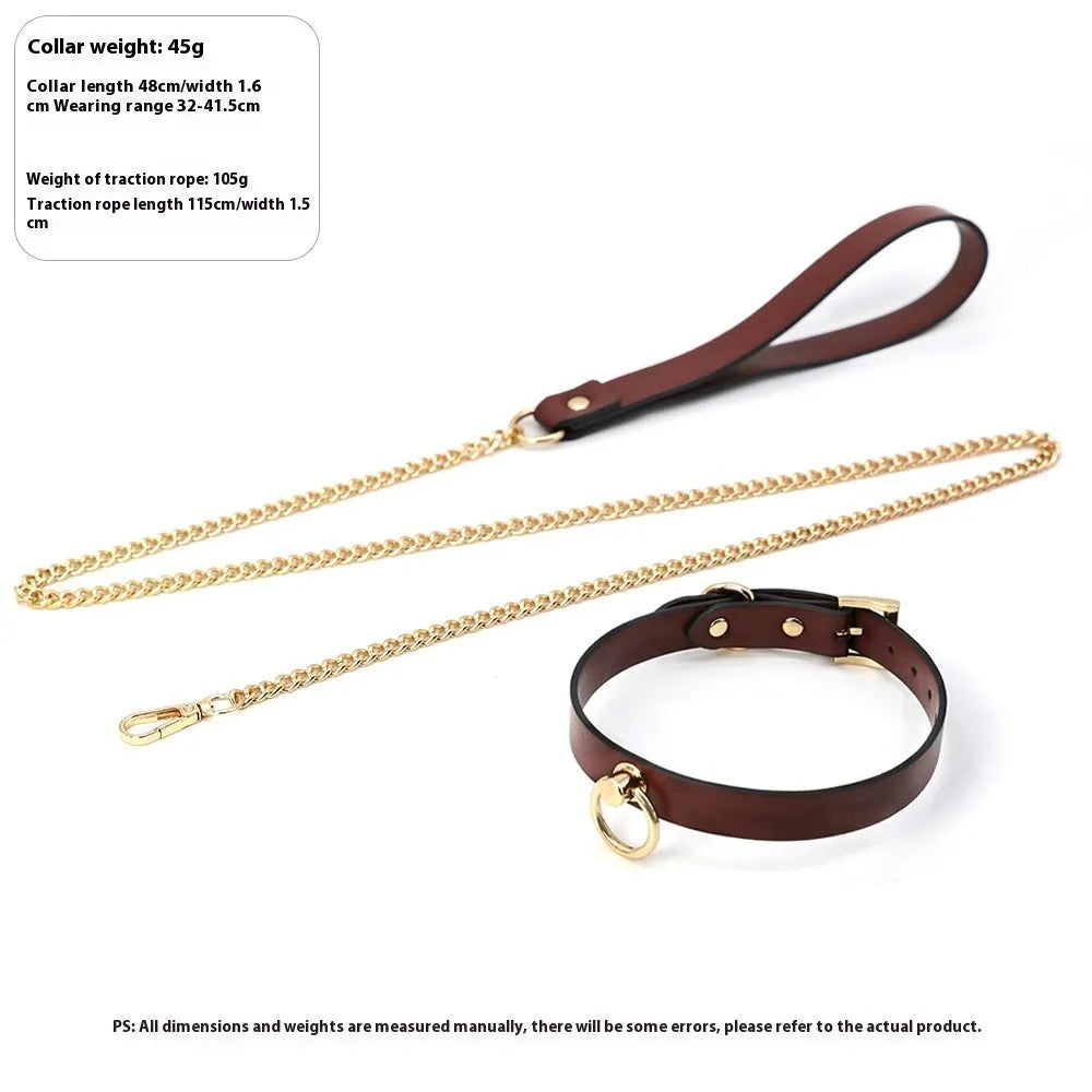 Genuine cowhide leather dog collar with brass D-ring and matching pull lead for large breeds.