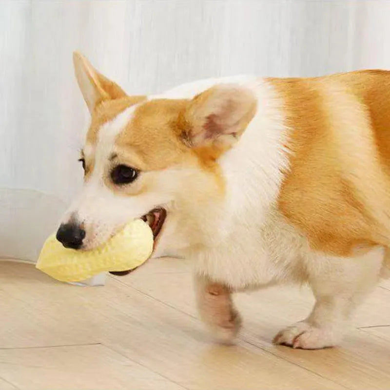 Yellow peanut-shaped dog chew toy with textured surface and squeaker