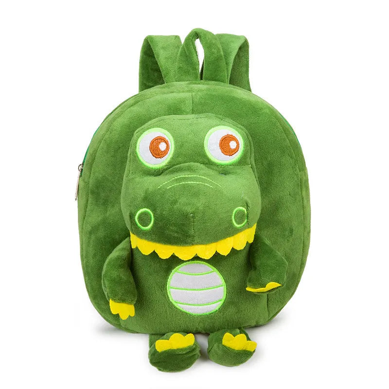 Blue dinosaur plush backpack for children with embroidered character and soft handle