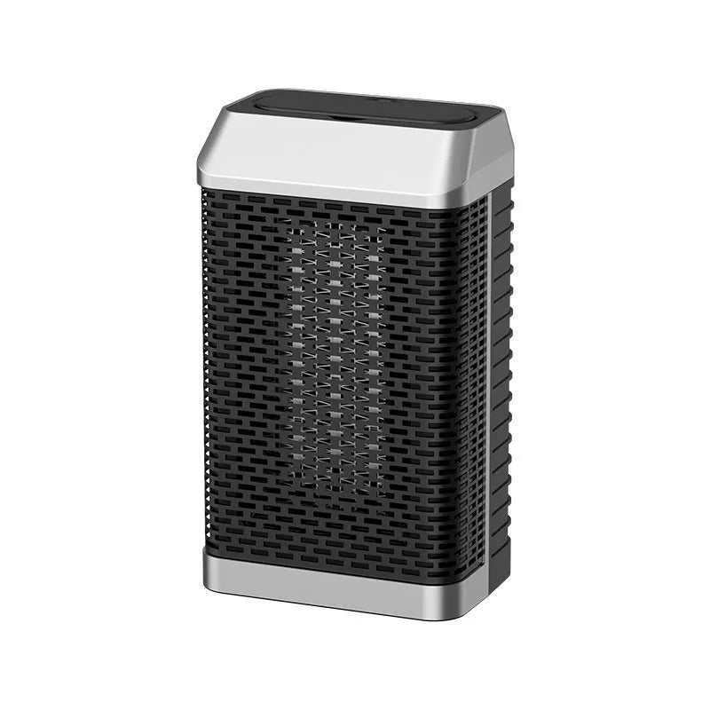 Black remote control oscillating desktop heater showing control knobs and dimensions 14.5x10x26cm.