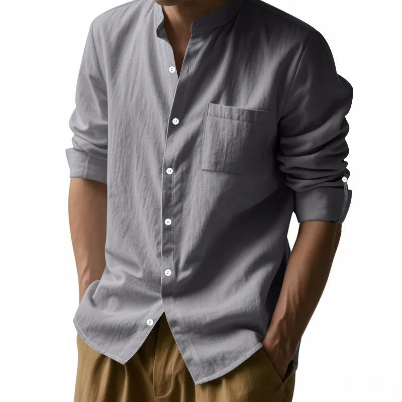 Men's linen long sleeve stand collar shirt with pockets, casual cardigan top in light blue, khaki, white, black or dark grey, sizes S to XXXL.