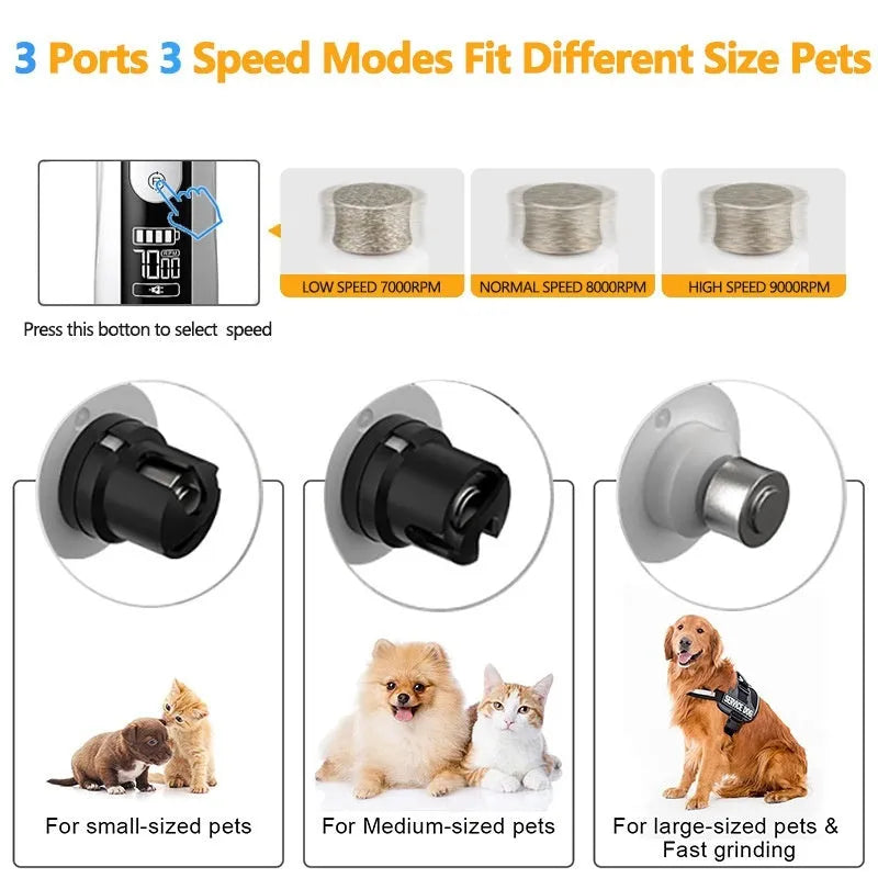 White and grey electric dog nail grinder with a clear dust collection tray and a small grinding head.