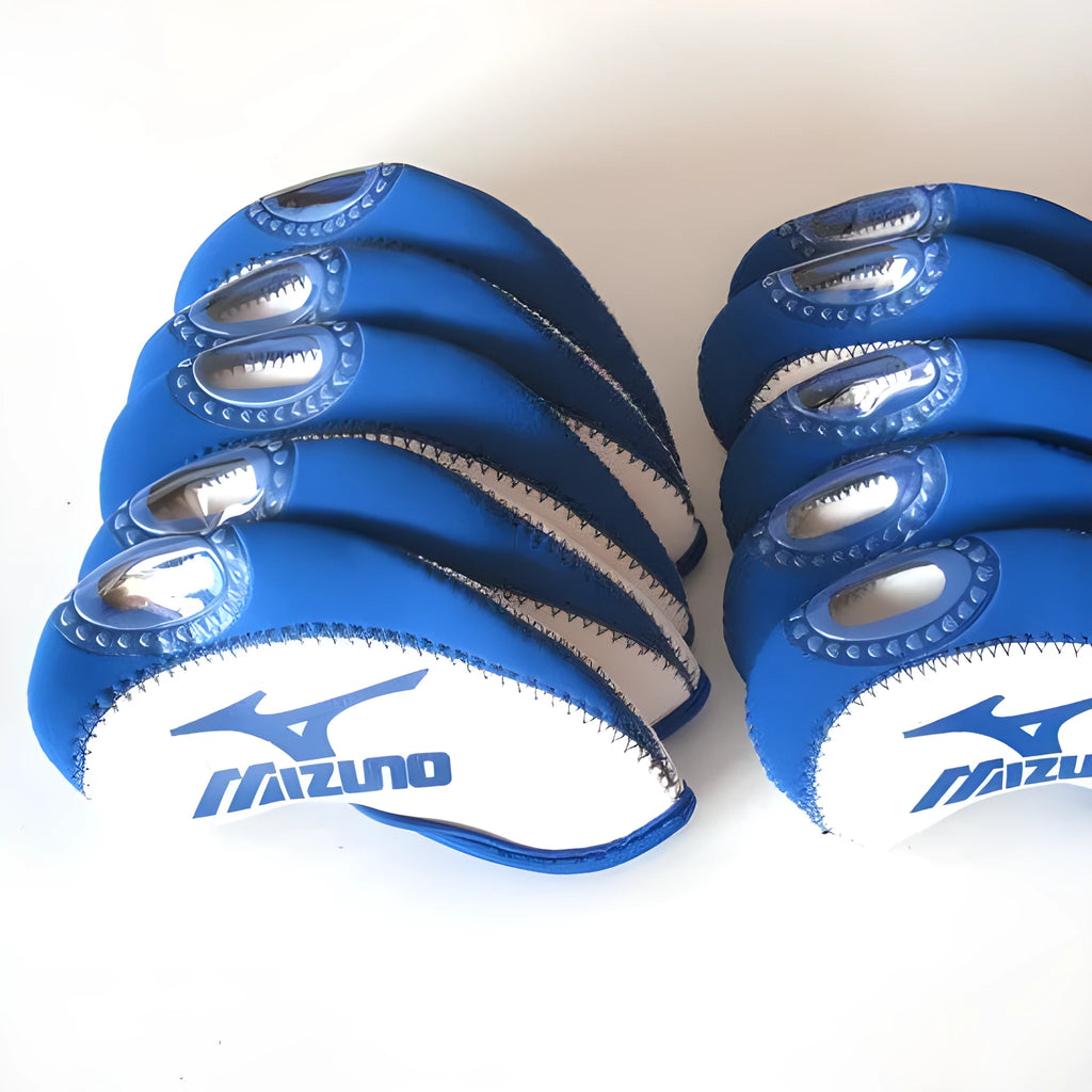 Set of 10 golf iron sleeves in diving material, showing yellow, SIM, and Carla W colour options