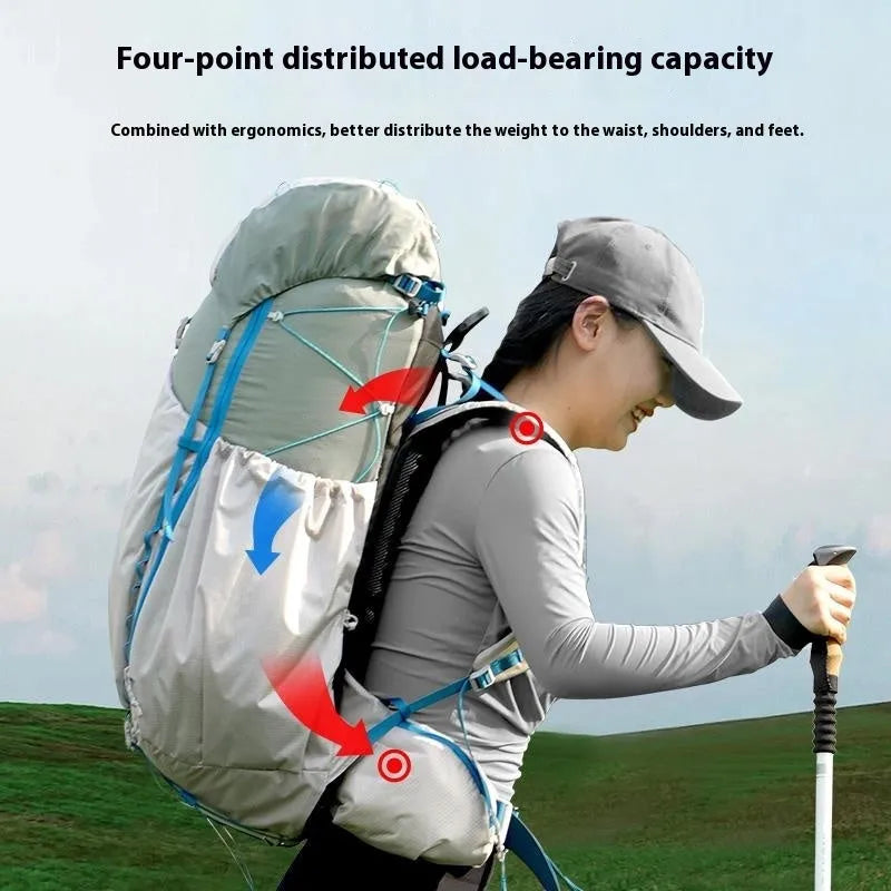 Large capacity hiking backpack in plum colour, polyester material, with optional water bag, outdoor use