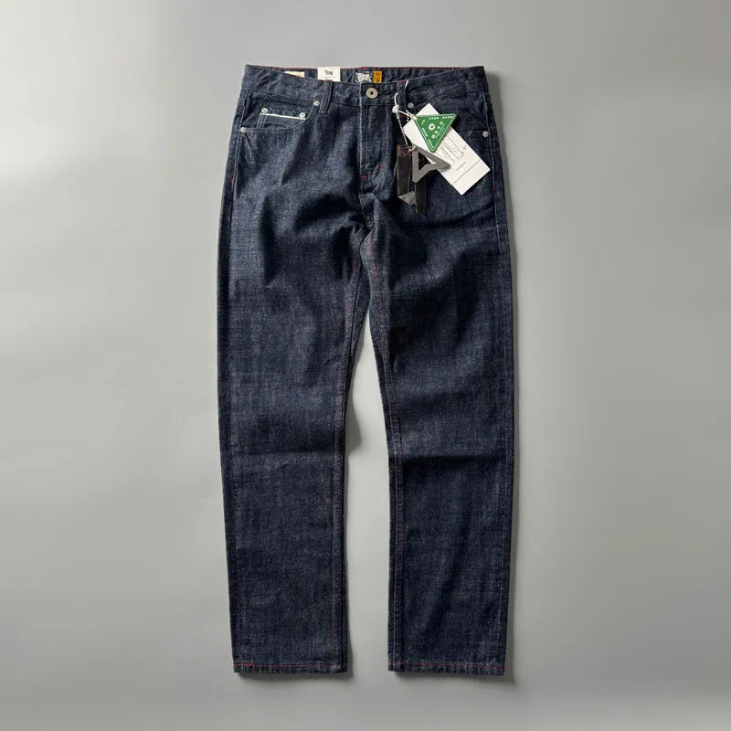 Men's straight leg American retro jeans in primary colour, showing mid-waist fit on a size chart.