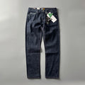 Men's straight leg American retro jeans in primary colour, showing mid-waist fit on a size chart.