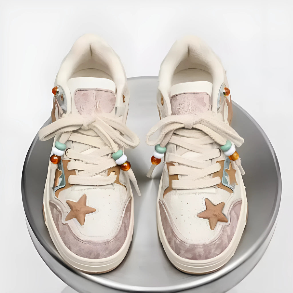 High-end platform sneakers with star pattern in pink, lace-up fabric upper, sizes 36-44