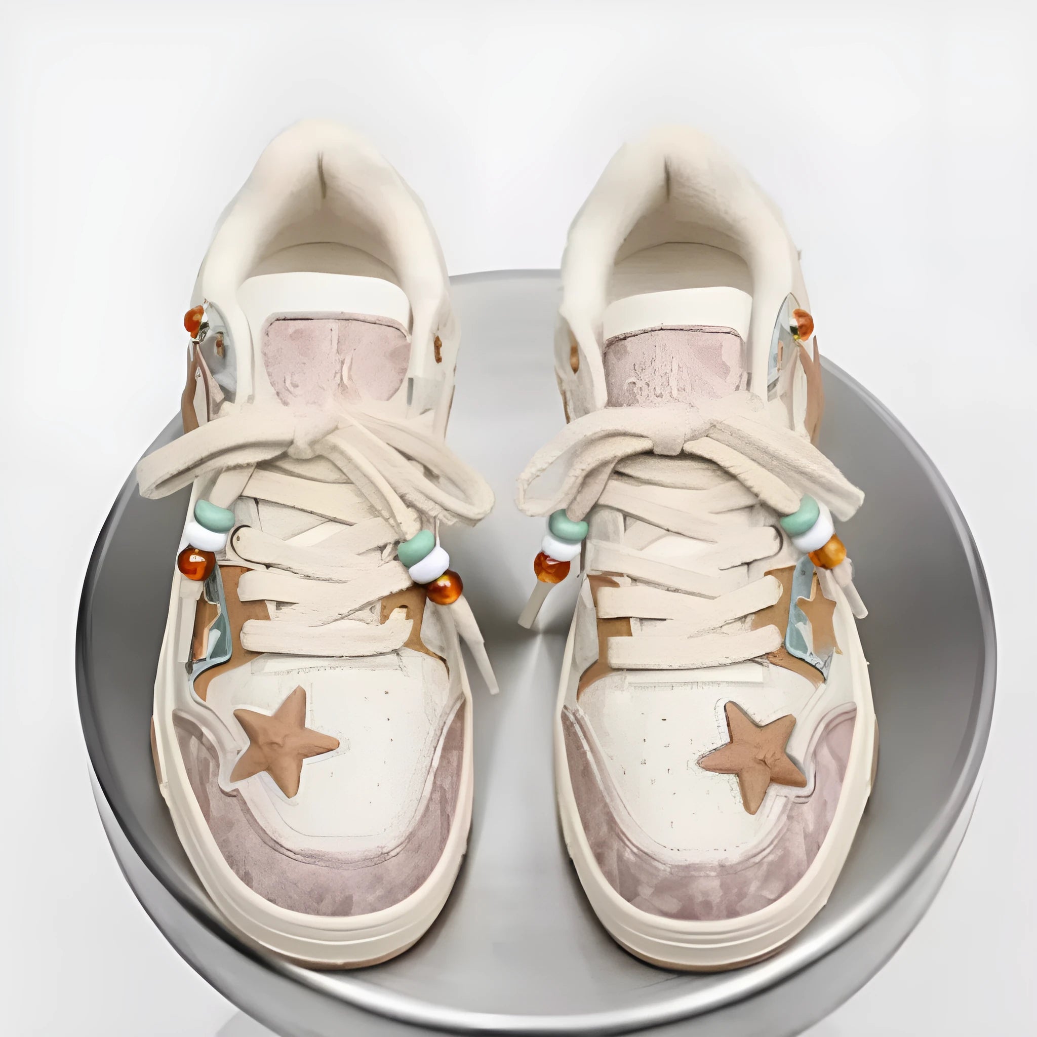 High-end platform sneakers with star pattern in pink, lace-up fabric upper, sizes 36-44
