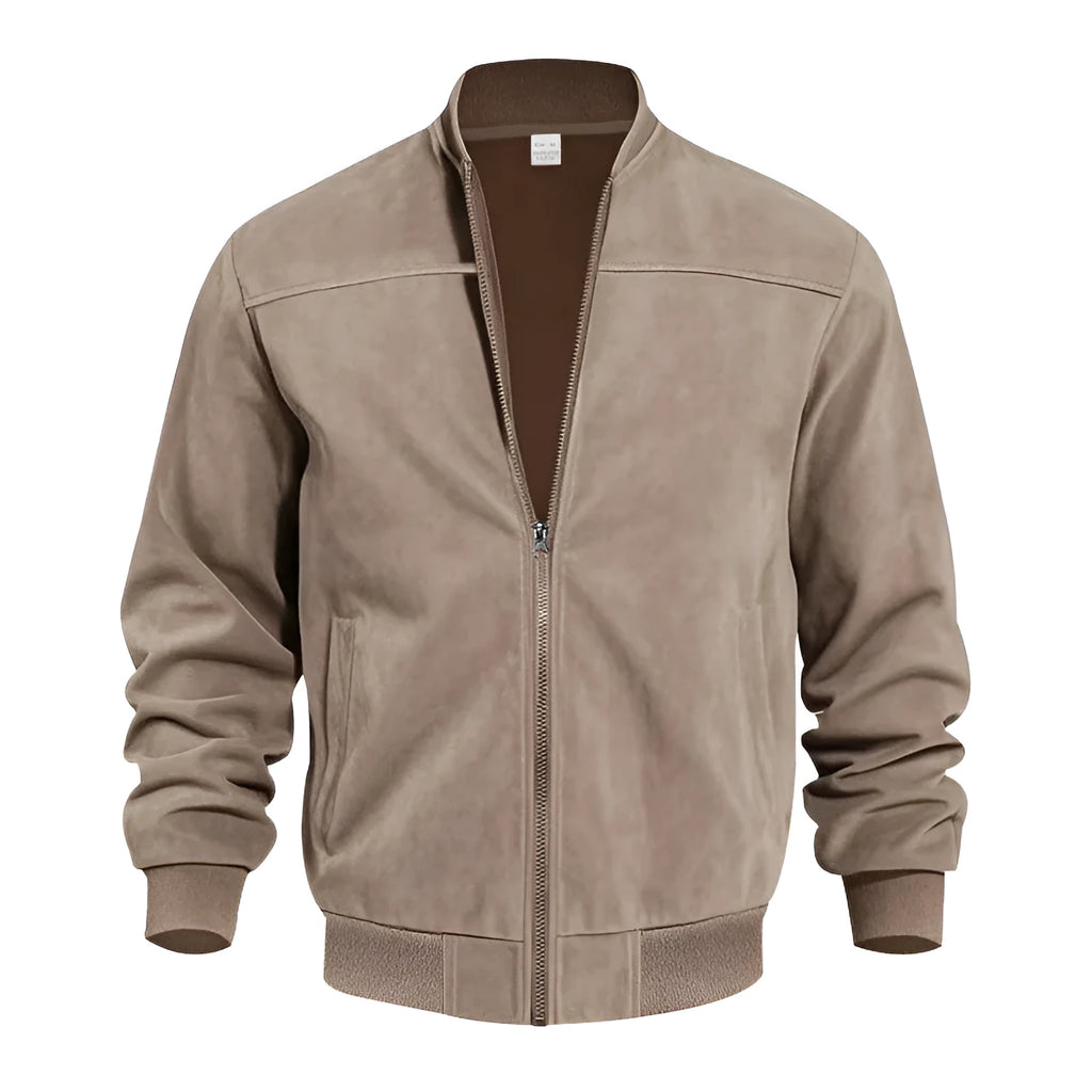Men's plus size casual suede jacket in polyester with cotton lining and zipper closure