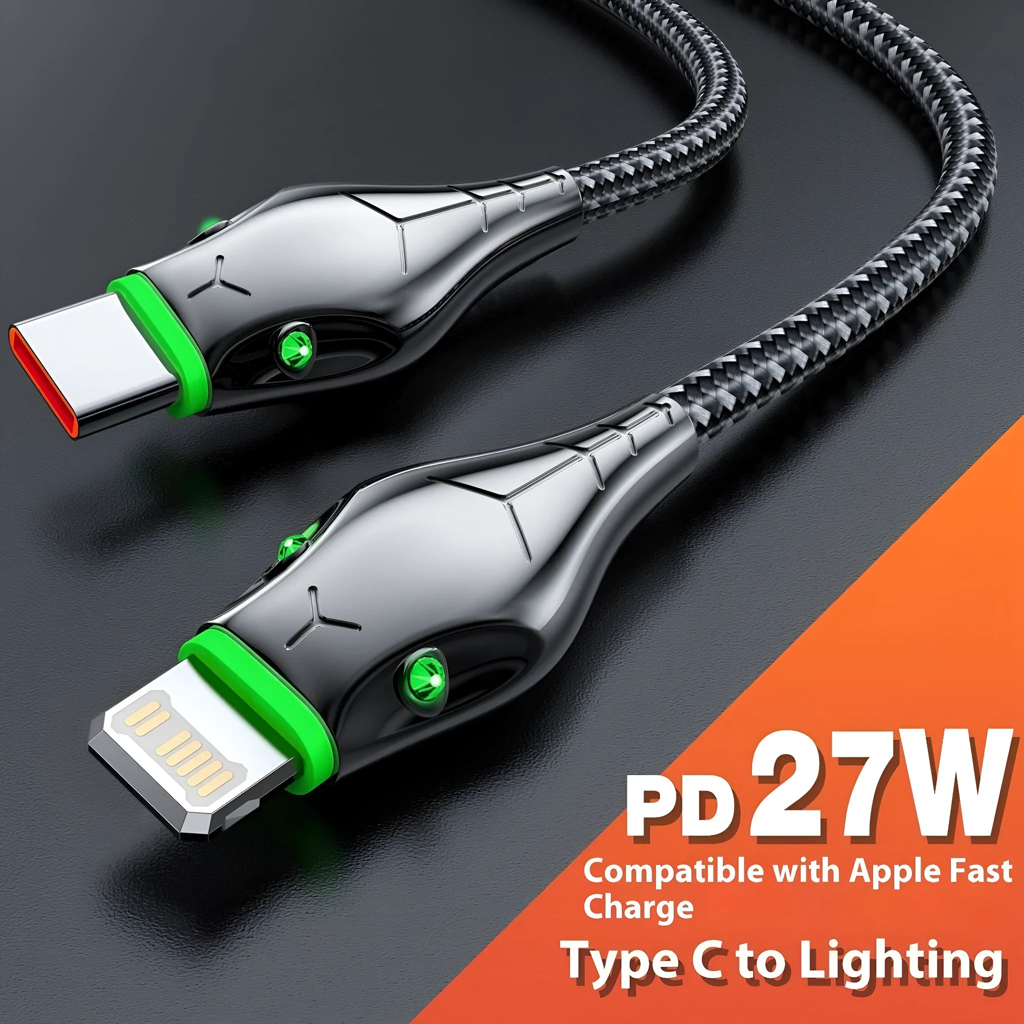 Black PD27W fast charge data cable with zinc alloy connector and indicator light for phone and tablet