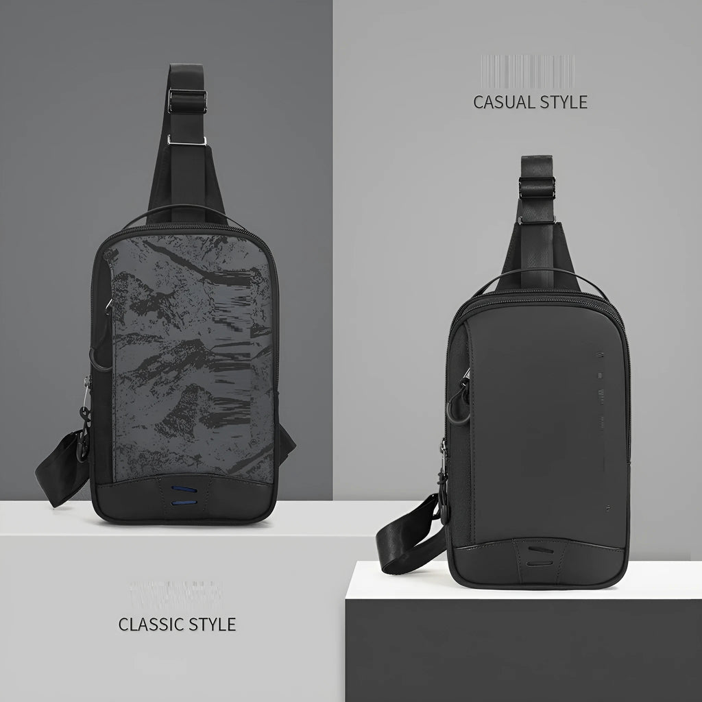 Casual black camouflage chest bag with adjustable strap, shown open to reveal internal phone pocket.