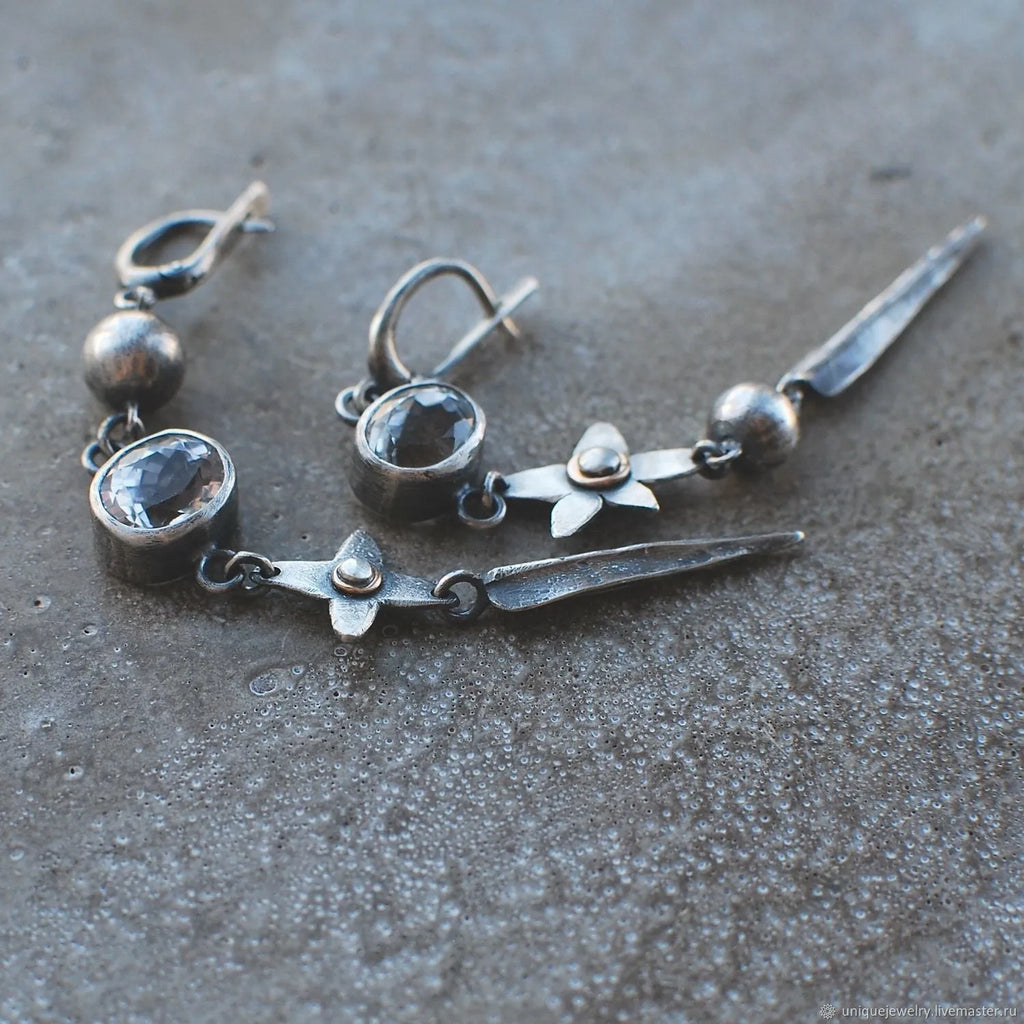 Geometric long pendant ear studs with antique silver plating and rhinestone XINGX detailing