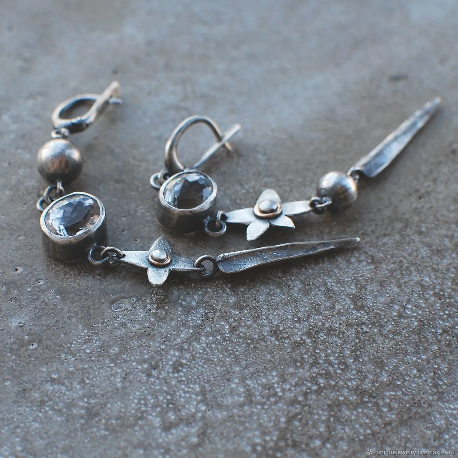 Geometric long pendant ear studs with antique silver plating and rhinestone XINGX detailing