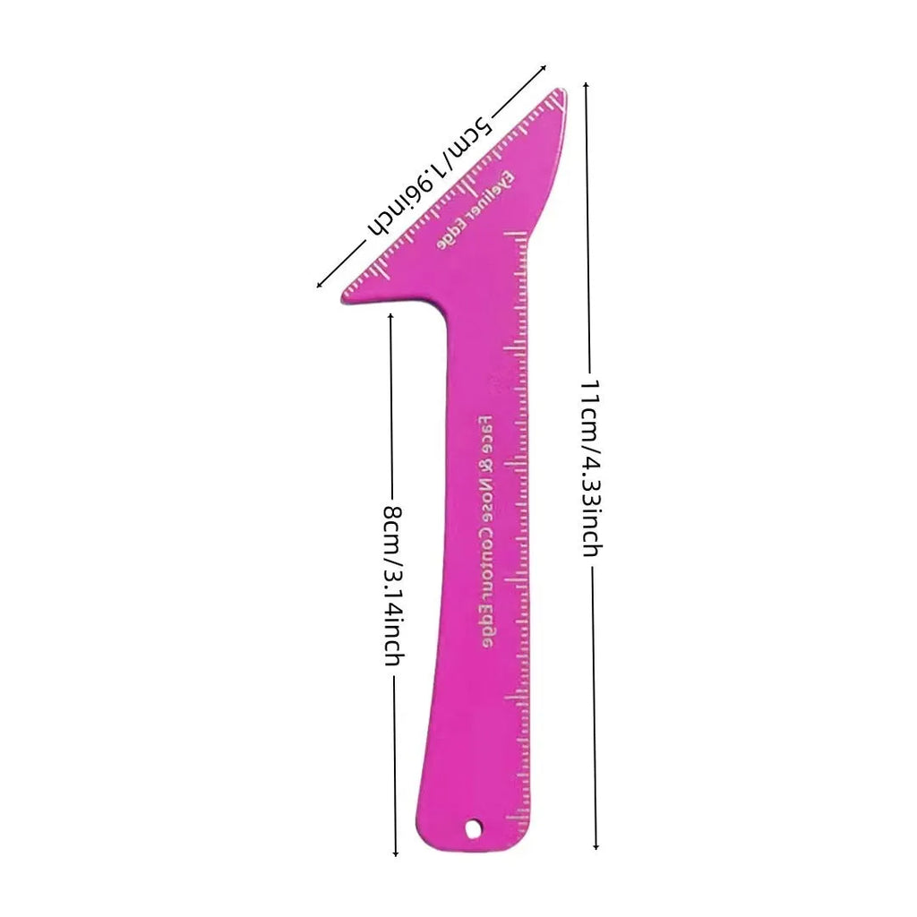 Reusable 3-in-1 plastic makeup stencil for eyeliner wings, eyebrow shaping, and nose contouring on a table.
