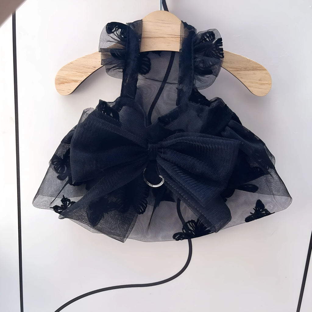 Black gauze princess tulle skirt for a small dog, showing lightweight sheer fabric and formal style.