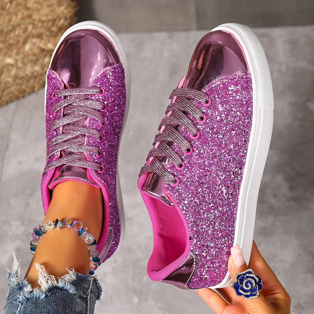 Women's plus size sequined lace-up board shoes in black, available in sizes 36 to 43