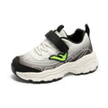 Children's black and purple casual dad shoes with striped pattern, mesh uppers, and rubber soles
