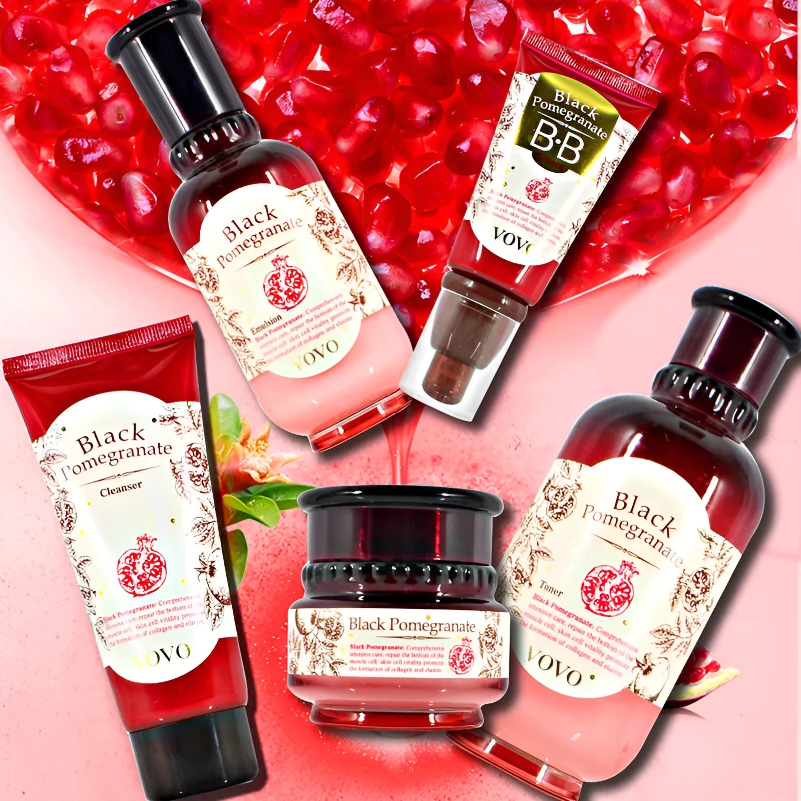 Six pomegranate skin care products including cleanser, water, milk, essence, cream, and eye cream