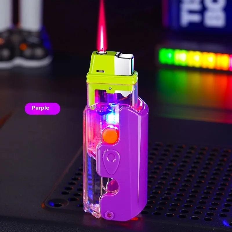 Colourful plastic radish-shaped lighter with bare metal components in green, orange, or purple options