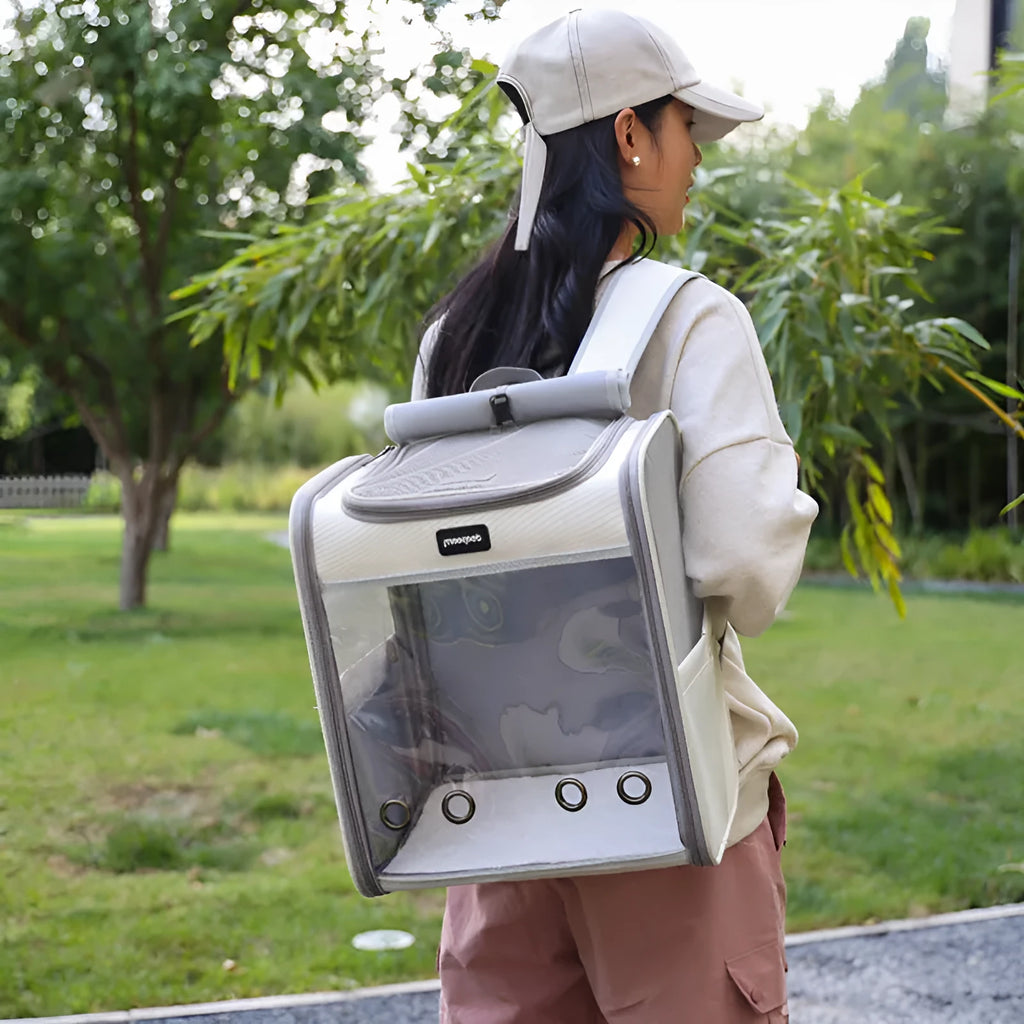 Portable pet backpack in PVC Oxford with solid colour design, available in grey, yellow, green or colourful.