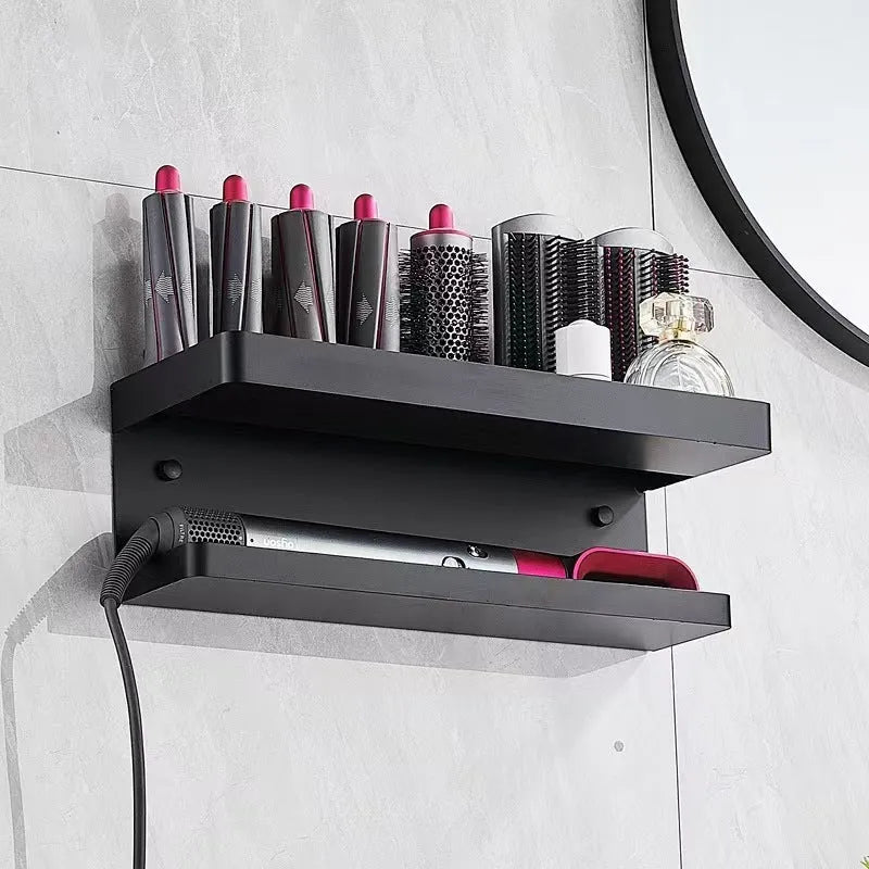 White double-layer aluminium punch-free bathroom storage rack mounted on tiles.