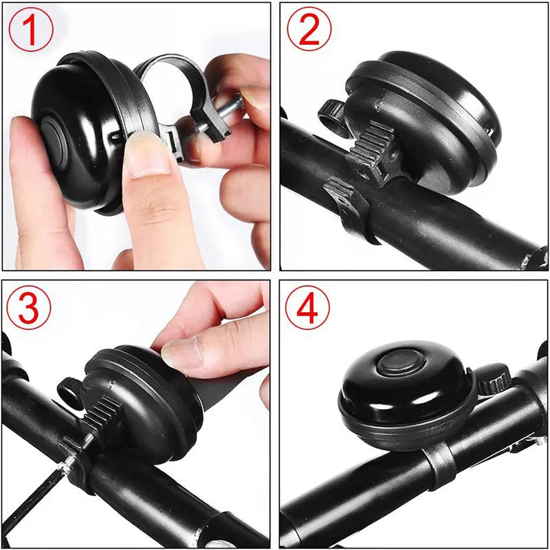 Black 58mm mountain bicycle bell with ABS plastic construction and mounting fixture
