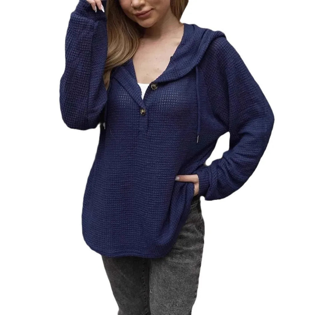 Solid colour women's button front hoodie with drawstrings and V-neck, polyester fabric, dark blue
