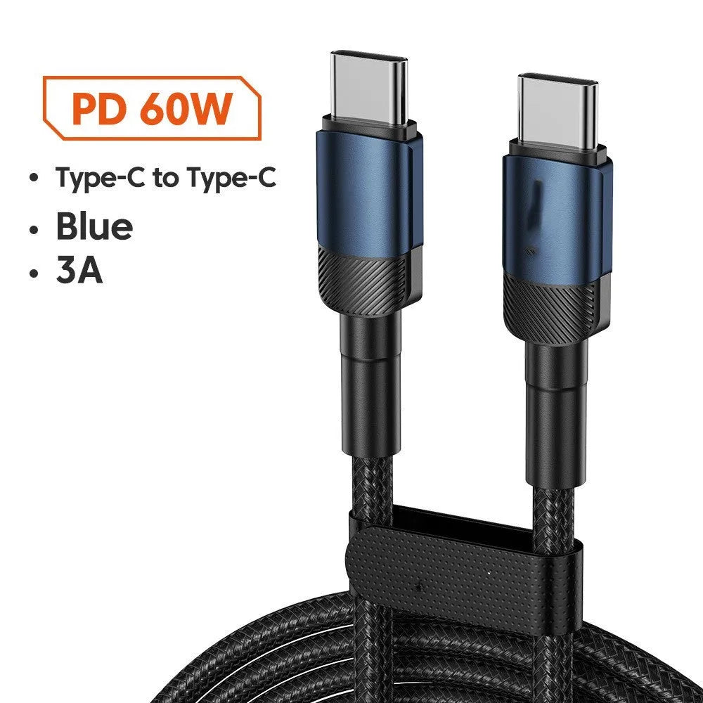 Aluminium alloy woven USB charging cable with 100W PD fast charging in black, blue, purple, or green