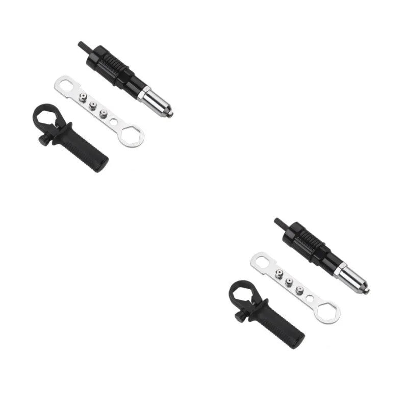 Black metal electric drill rivet gun attachment with wrench and four rivet heads.