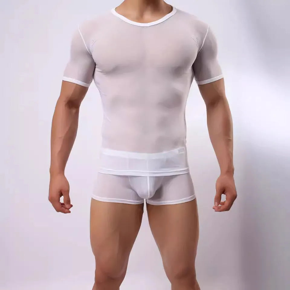Men's transparent mesh t-shirt in slim fit with short sleeves, shown in solid colour options