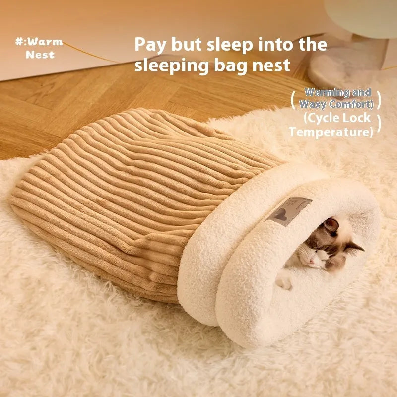 Brown semi-enclosed cat sleeping bag with plush cotton velvet and lambswool construction on a wooden floor.