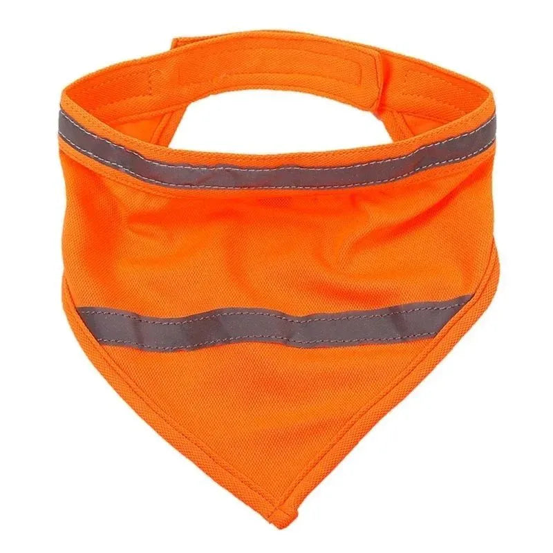 Bright orange polyester dog bandana with adhesive strap shown on canine neck