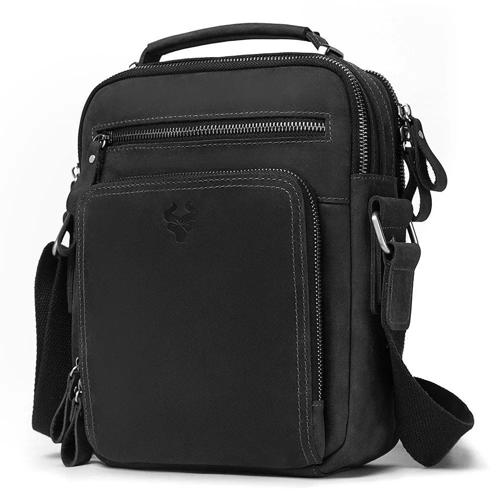 Men's brown Crazy Horse leather crossbody bag with visible sewing lines and adjustable shoulder strap