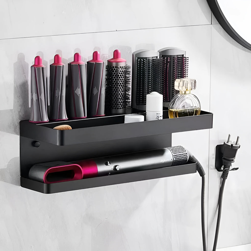 White double-layer aluminium punch-free bathroom storage rack mounted on tiles.