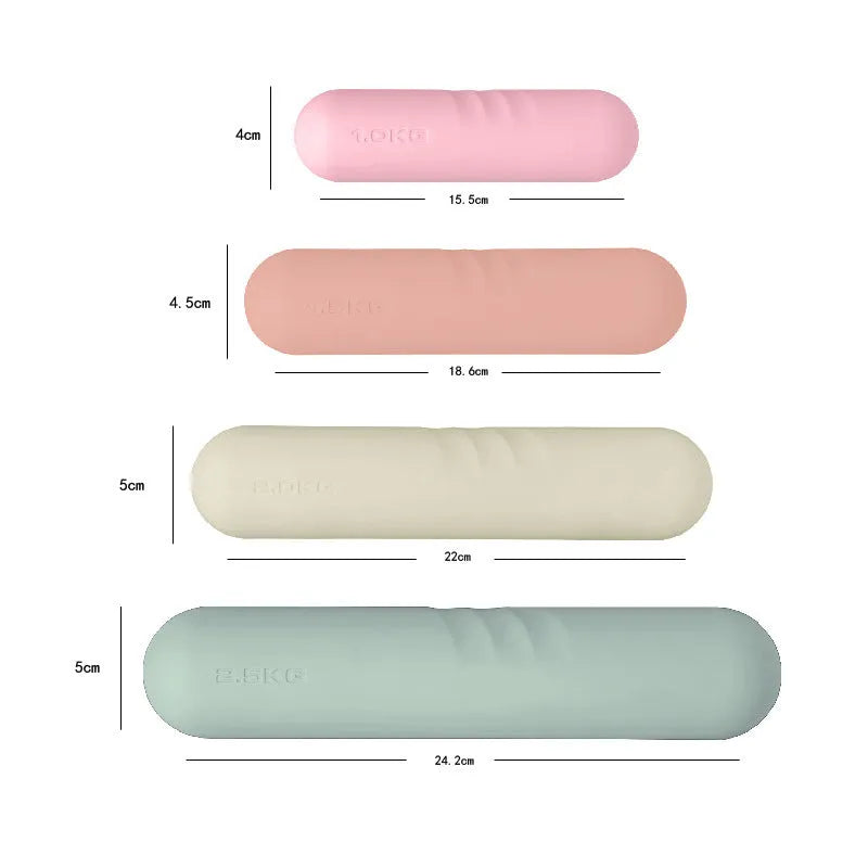 A hand-drawn dumbbell stick with a silicone non-slip edge, shown in different colour and weight options.