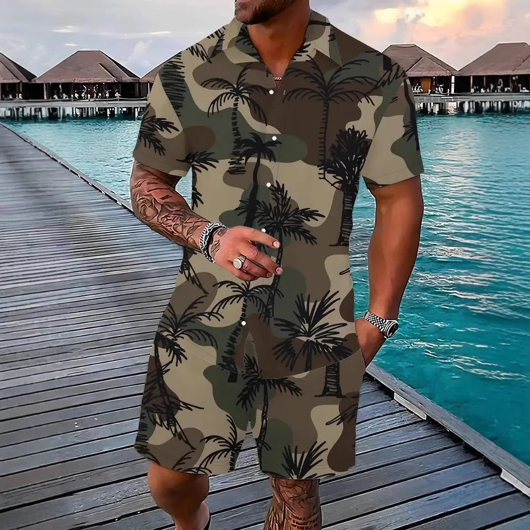 Man wearing a 3D printed Hawaiian-style short sleeve top and matching shorts, a casual polyester leisure suit.