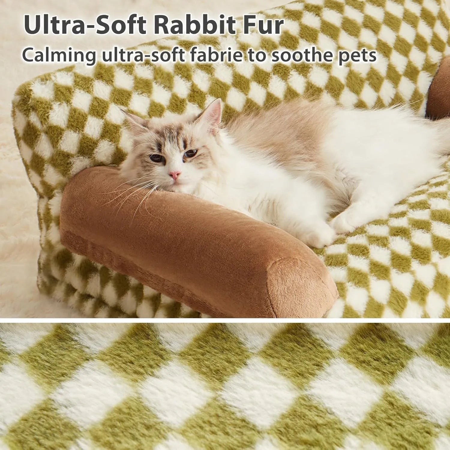 Grey checkered pet sofa bed for cats and small dogs with a washable cover on a wooden floor.