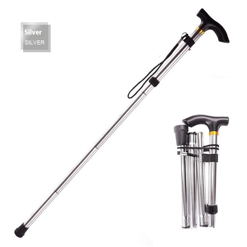 Aluminium alloy folding walking cane with non-slip handle, shown in an adjustable length from 85 to 95 cm.