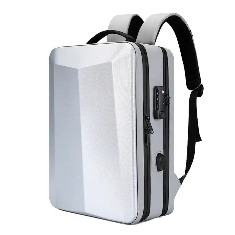Men's waterproof business backpack in black and silver white colours showing street trend styling