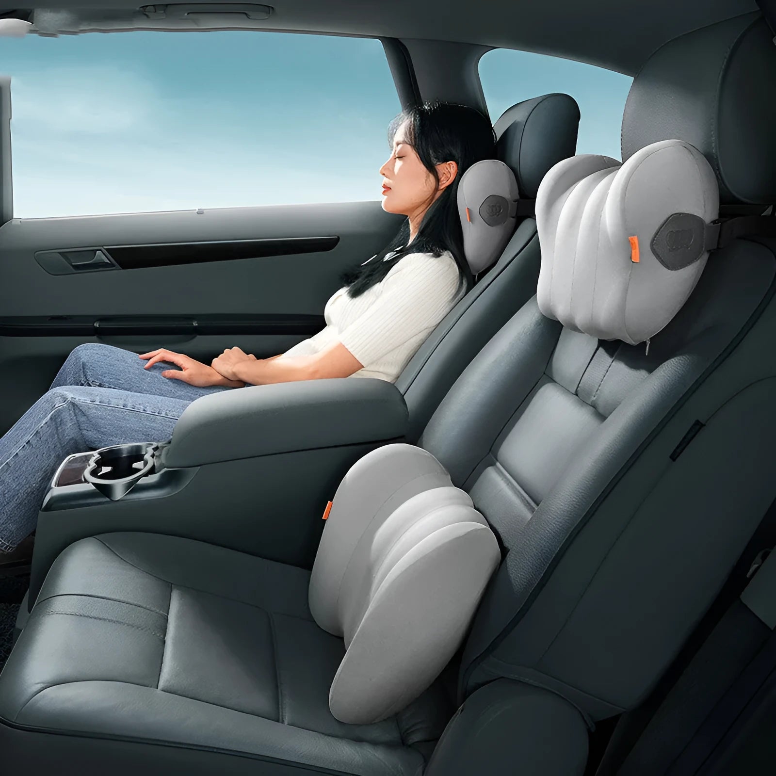 Grey and orange memory foam head restraint and waist pillow set for lorry driver seats.