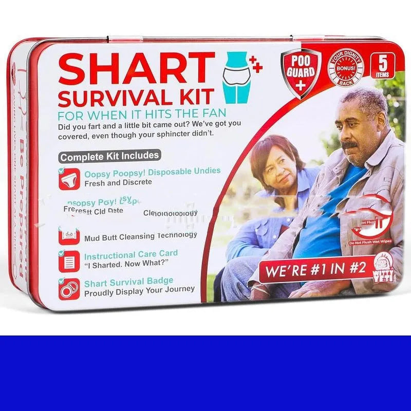 Poop survival kit gift set in aircraft box with wet wipes, dry wipes, and disposable underwear