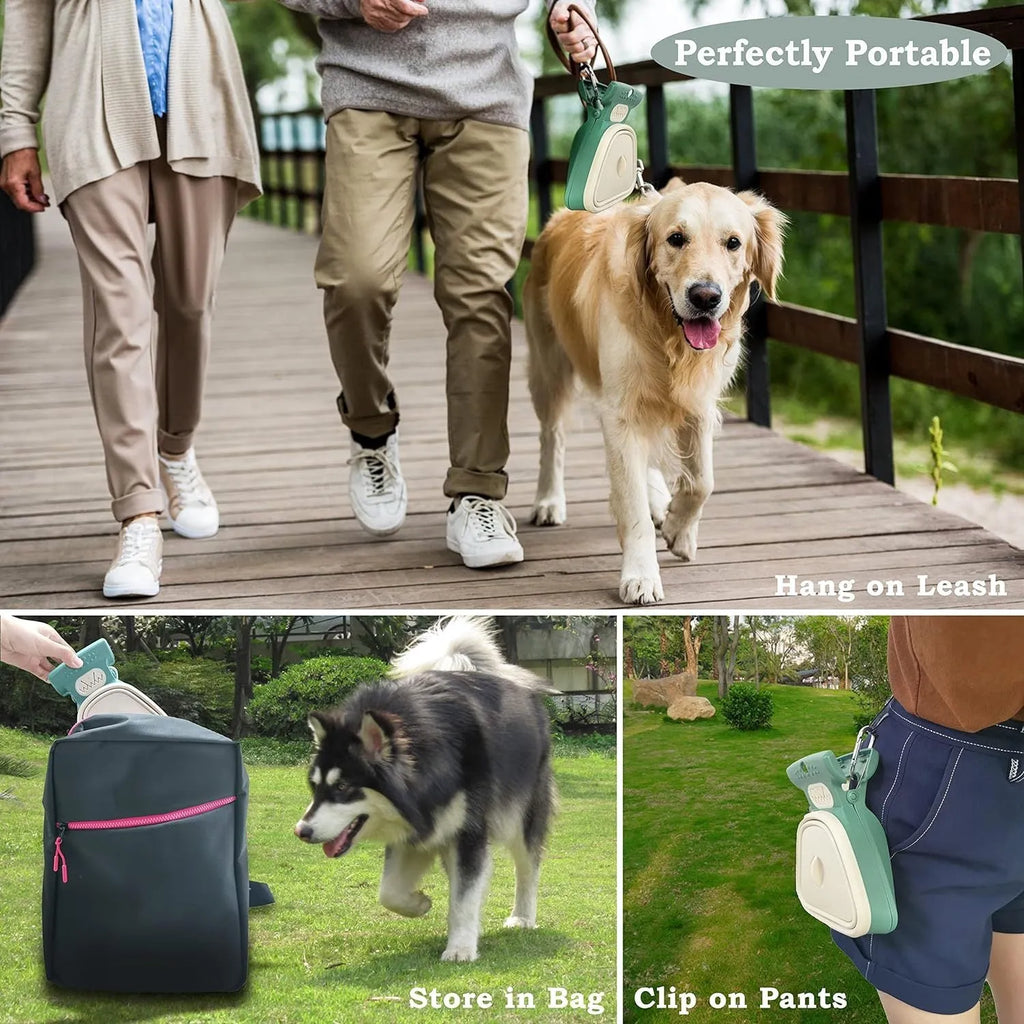Blue portable dog pooper scooper with clip and integrated waste bag compartment.