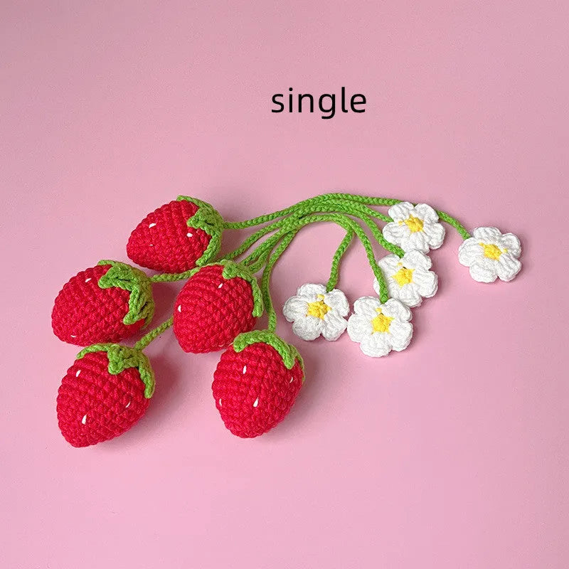 Wool crochet woven strawberry pendant necklace with 35cm length in pink or red