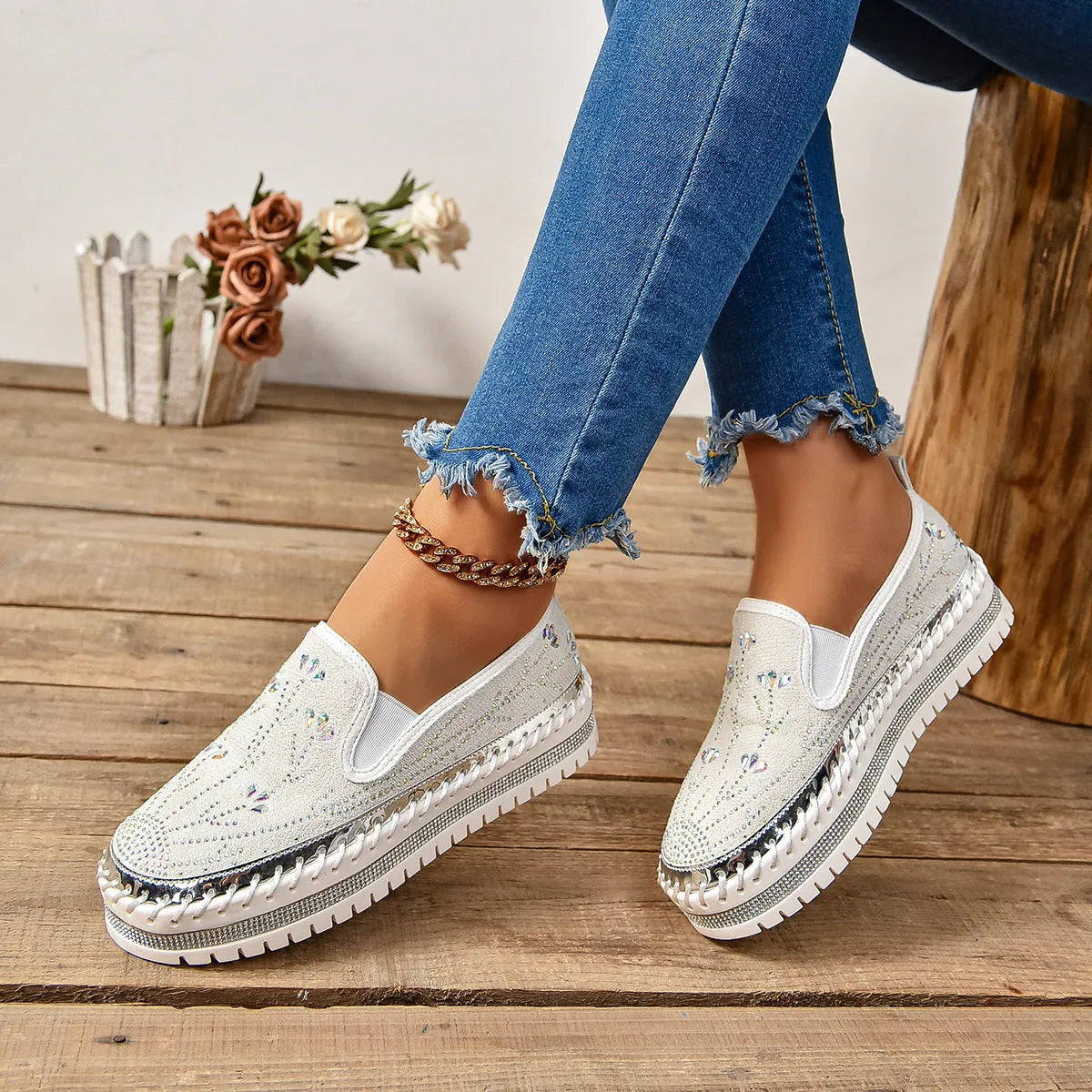 Casual slip-on sneakers with rhinestone platform thick bottom suede upper round toe mid heel