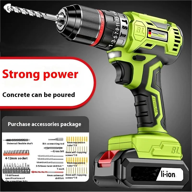21V brushless impact drill with 300W power, 10mm chuck, and 150 Nm torque for wood, steel, and concrete