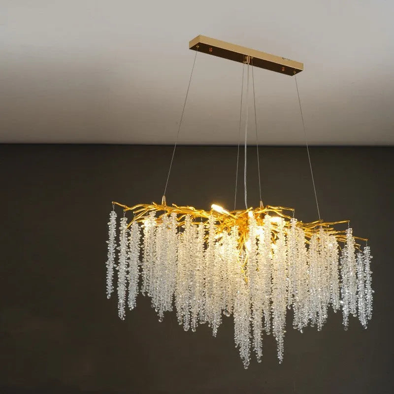 Adjustable height crystal chandelier lamp in round and long styles for living room or dining room.